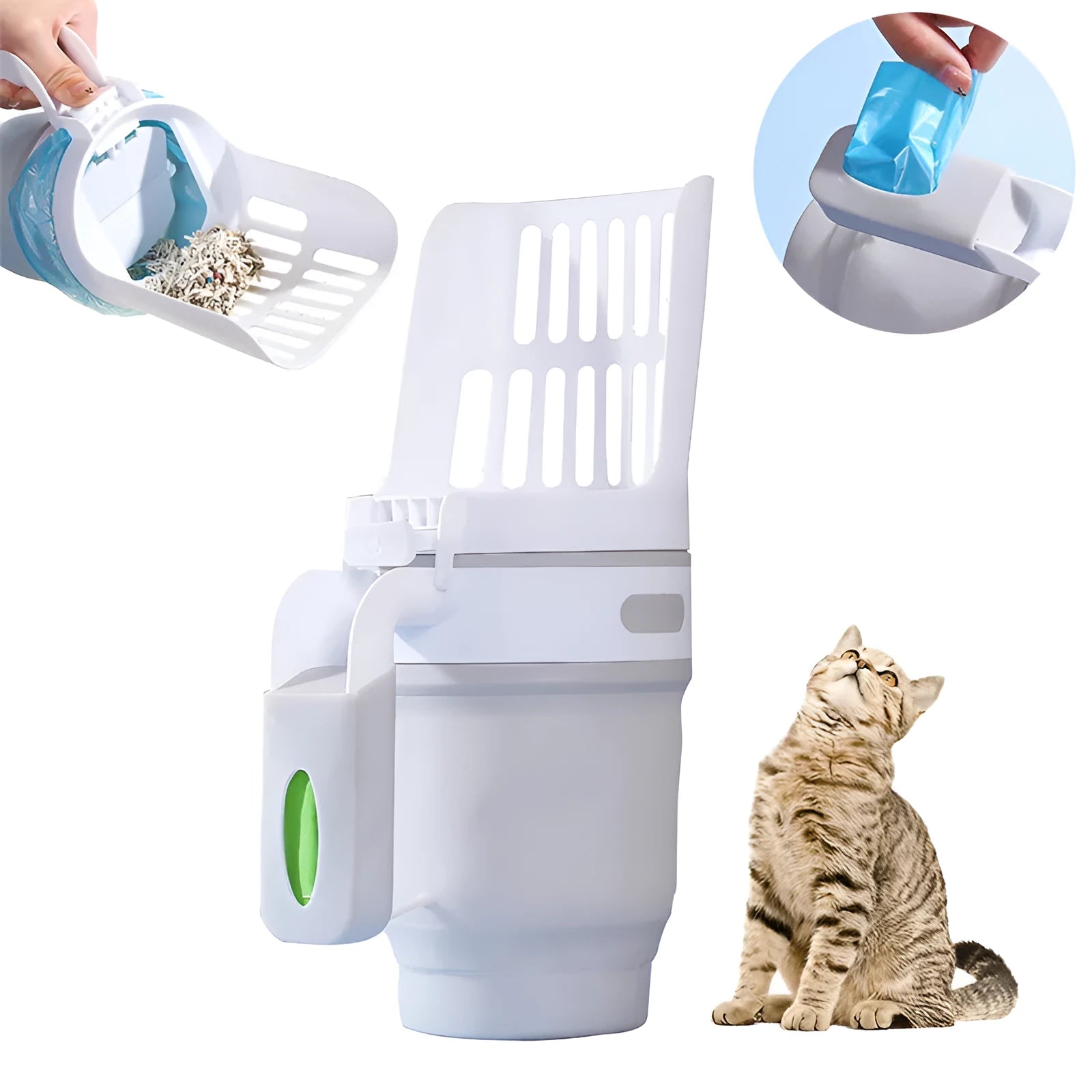 Grey cat litter scoop attached to a lidded waste bin with a foldable bottom and non-slip handle.