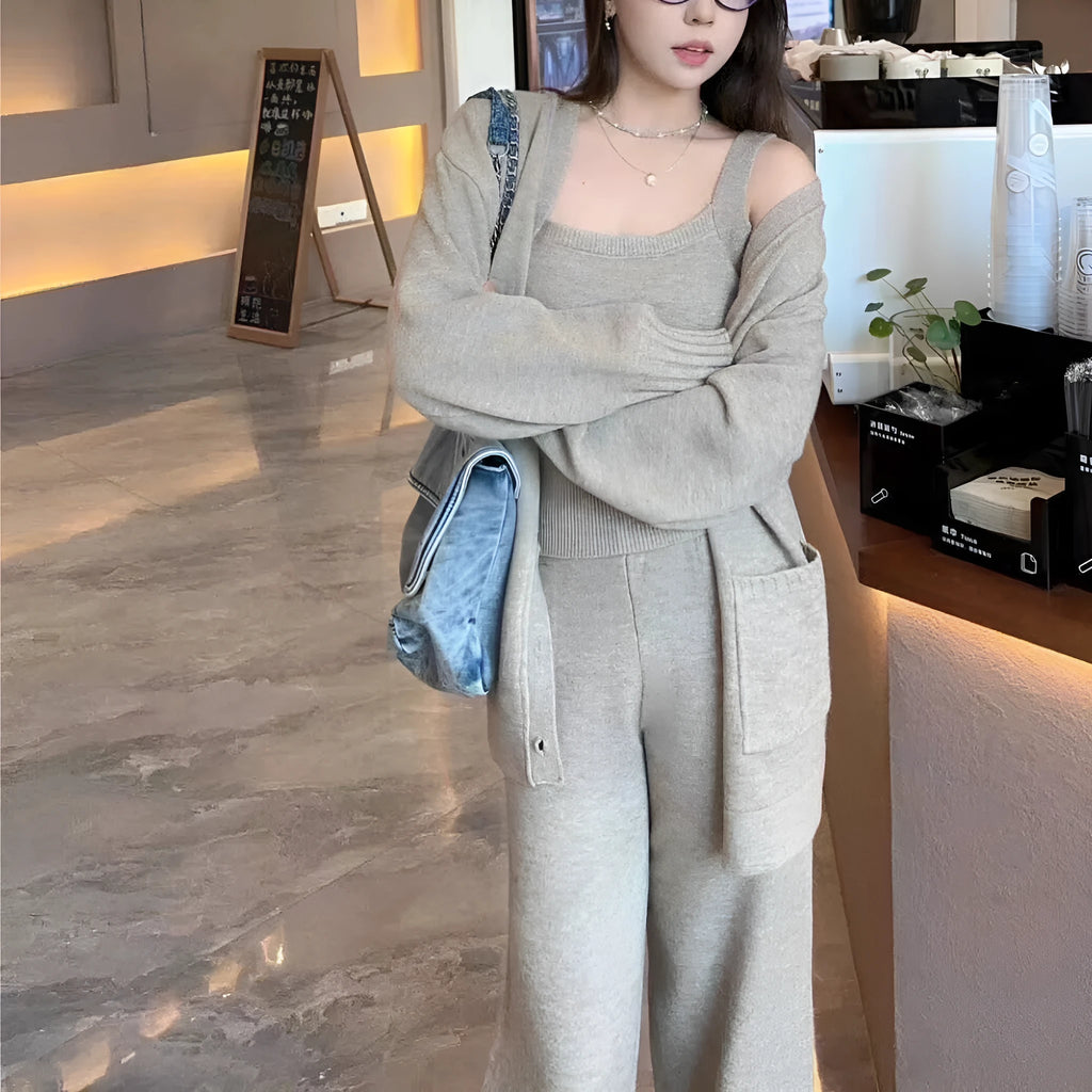 Women's knit cardigan vest and suspender trousers three-piece set in wool blend fabric
