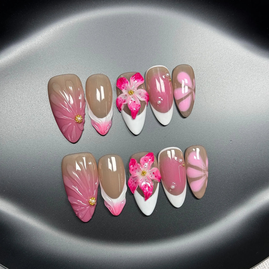 Plastic manicure armour with 3D French style lily flowers for nail art