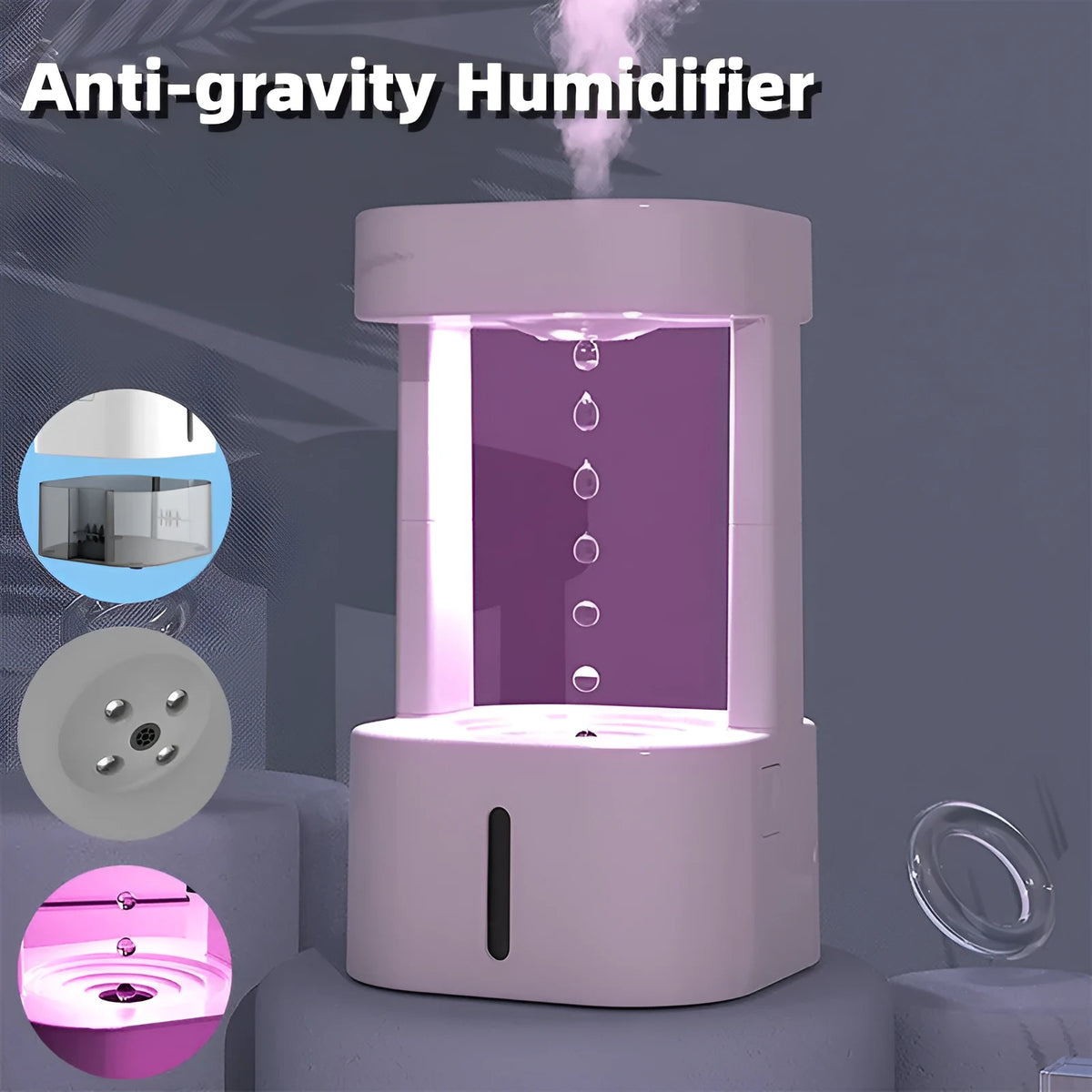 Anti-gravity water drop humidifier, 580ml, USB Type-C, 12.5 x 12.5 x 23.5cm ABS body, Coloured light or White