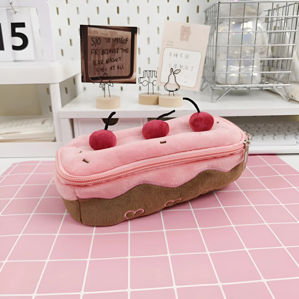 Cherry Cake plush design velvet pencil case with zip closure, Korean style