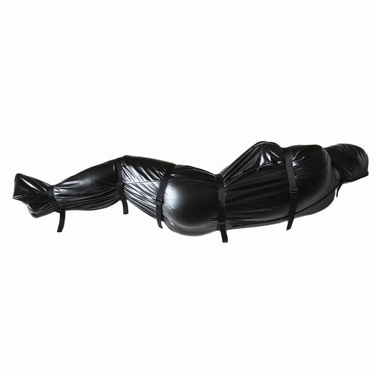 Black patent leather bondage set showing body wrap and six ratchet tie down straps