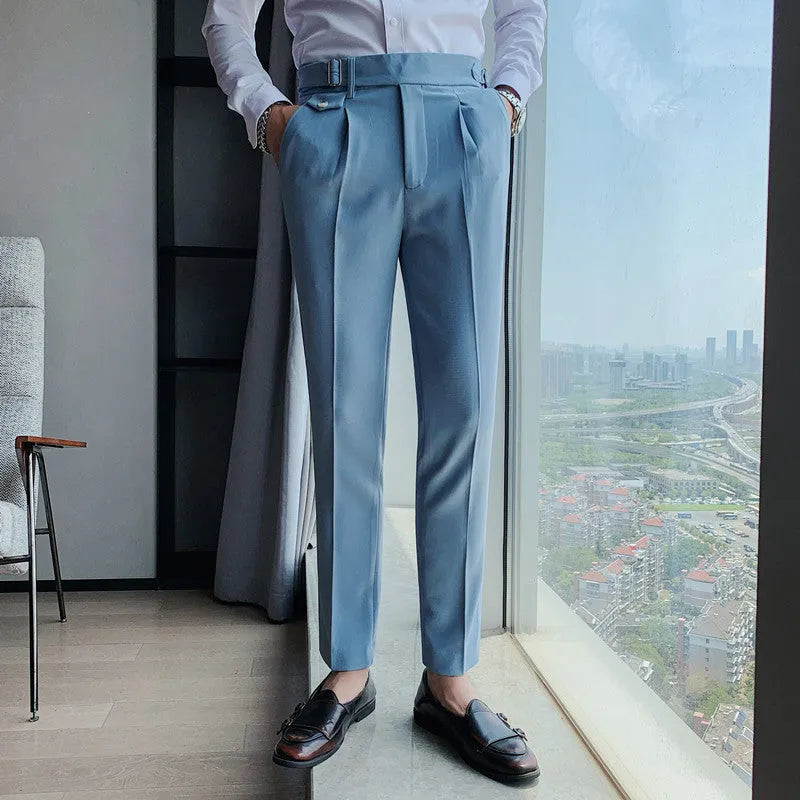 Straight leg casual trousers in polyester fabric showing multiple colour options and sizing from 29 to 36