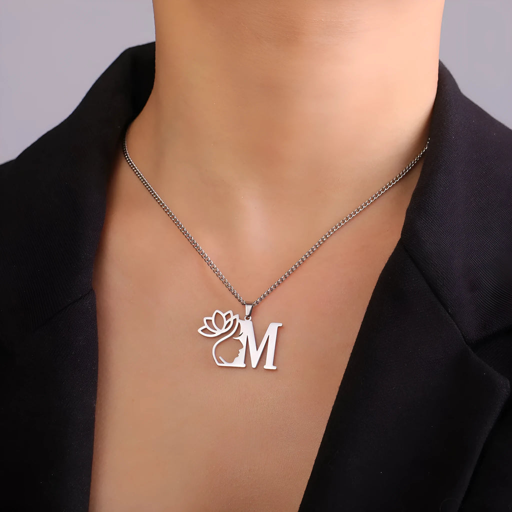 Stainless steel letter necklace with cross chain and single pendant in gold or silver electroplated finish
