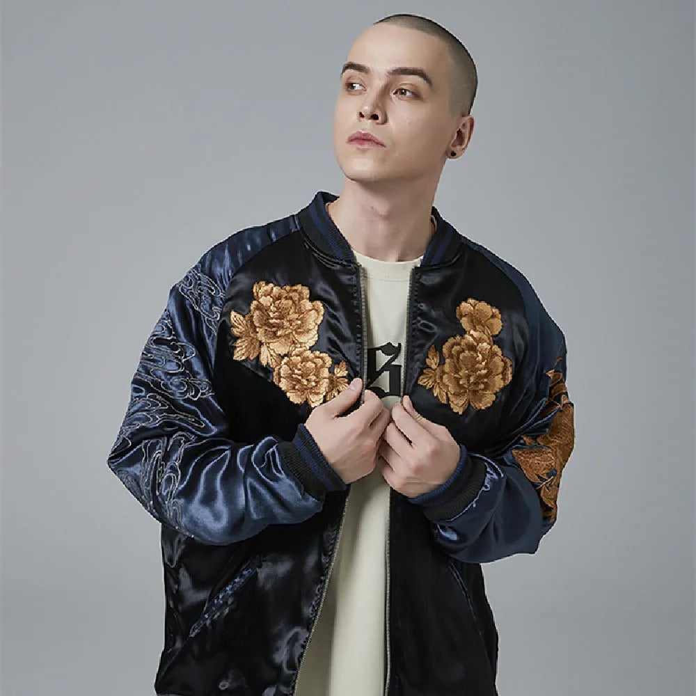 Heavy Industry lion king embroidery jacket for men in satin, champagne and faint blue, sizes M to 3XL