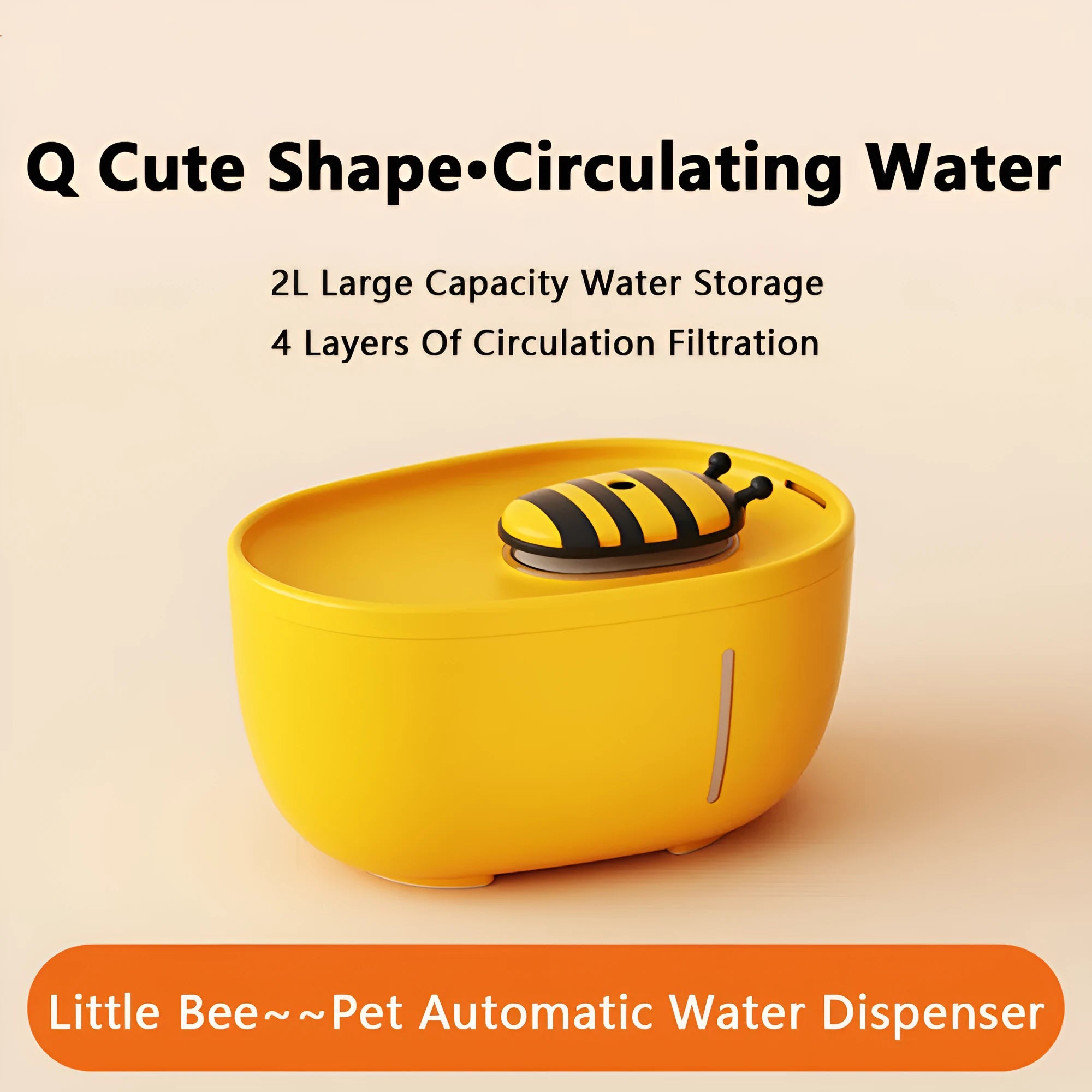 Yellow cat water fountain with filtration system, water level window, and USB connection