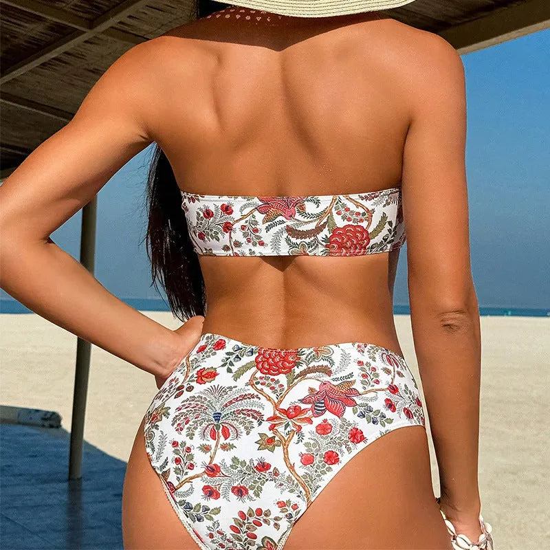Women's printed bandeau swimsuit bikini set with triangle top and matching beach shorts.