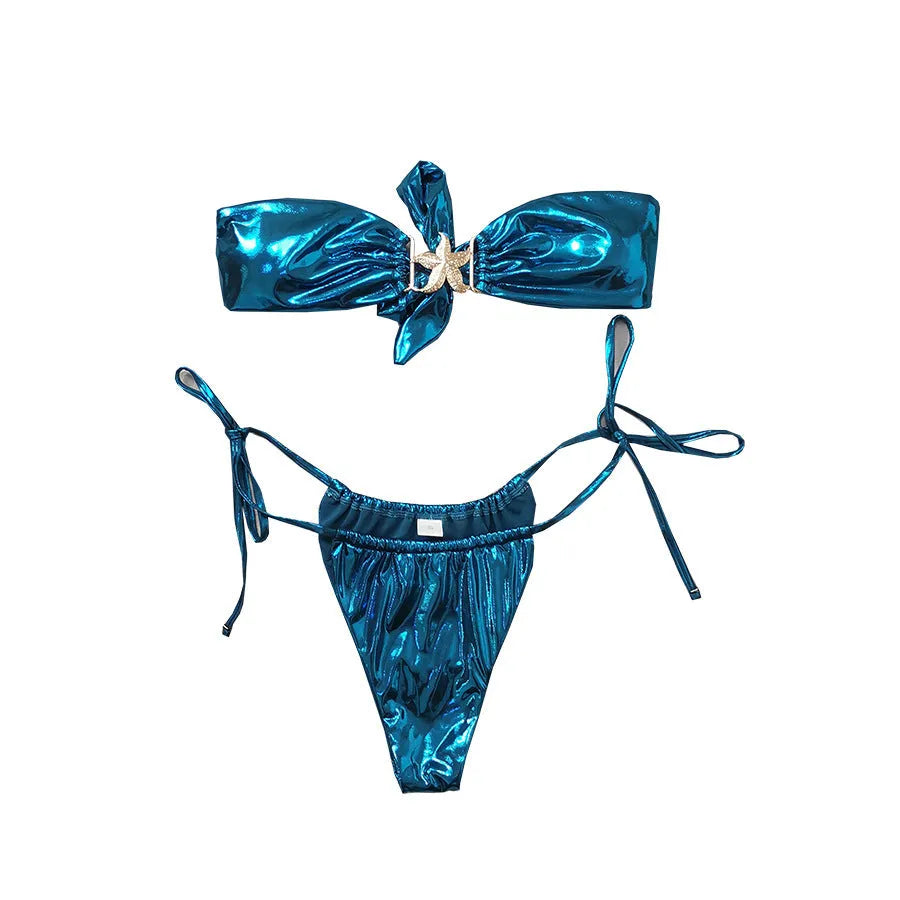 Women's glossy bikini set with gold starfish decoration in blue or pink colour