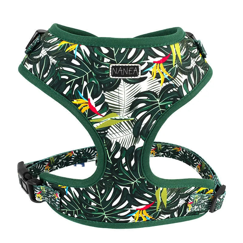 Six-piece adjustable pet vest harness set with haulage rope, collar, waste bag, bow tie, and triangle scarf.