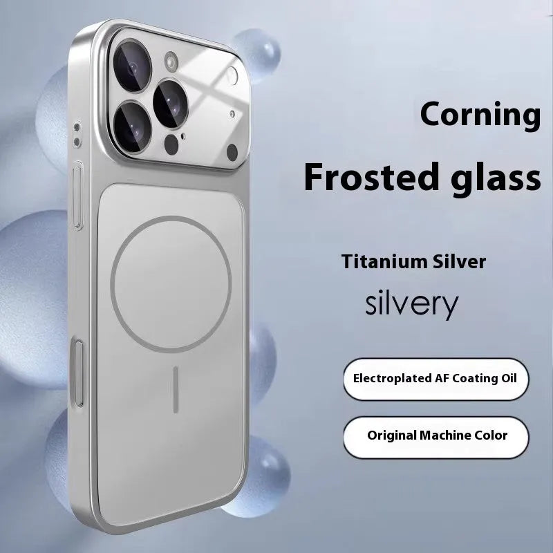 Black tempered glass iPhone case with frosted finish and magnetic back, shown next to Orange and Titanium colour options.