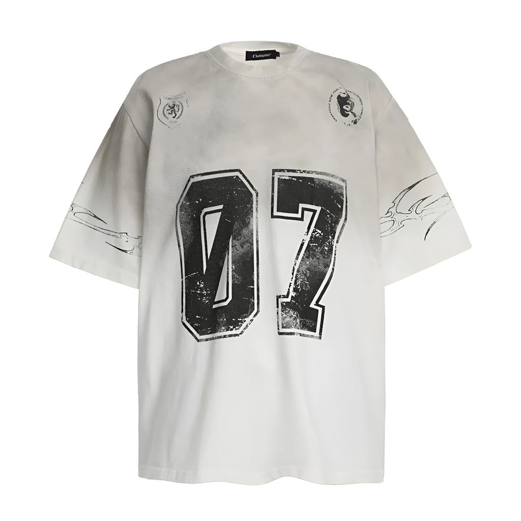 Men's black and white pure cotton printed short-sleeve t-shirt laid flat.