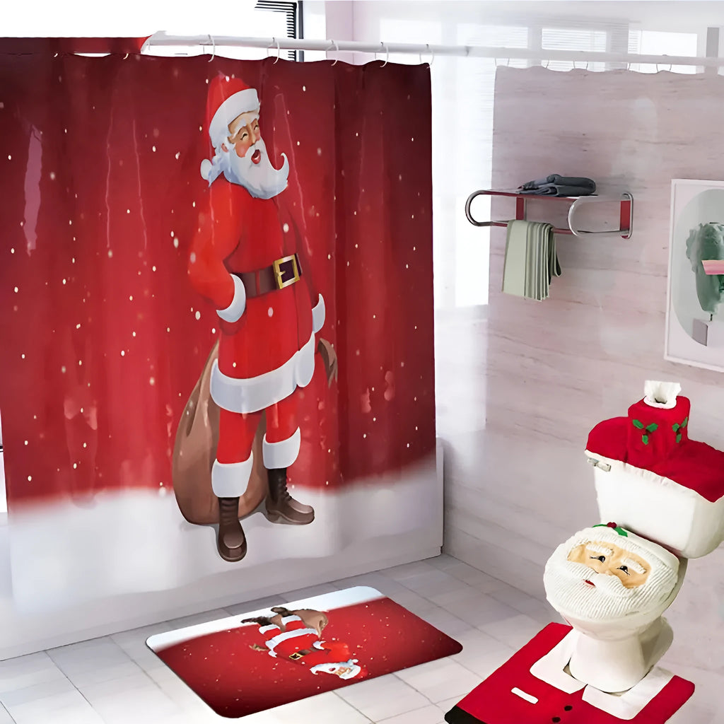 Christmas bathroom decoration set with flannel toilet cover, floor mat, and shower curtain in Santa design