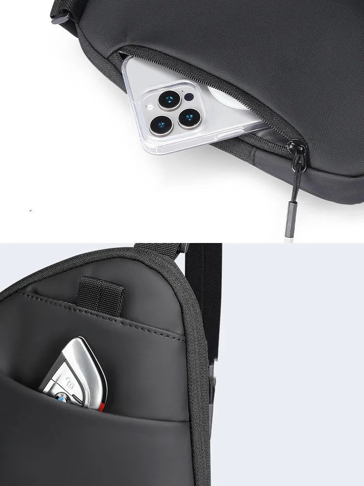 Men's elegant black crossbody bag made from Oxford cloth with visible sewing thread detailing.