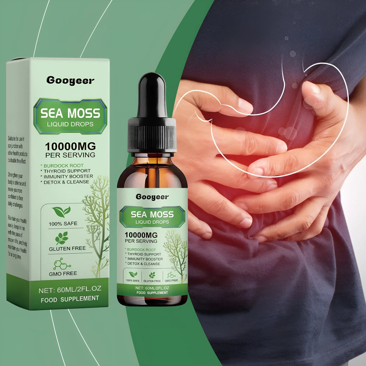 Googeer Sea Moss Liquid Drops 60ml bottle for body treatment skincare.