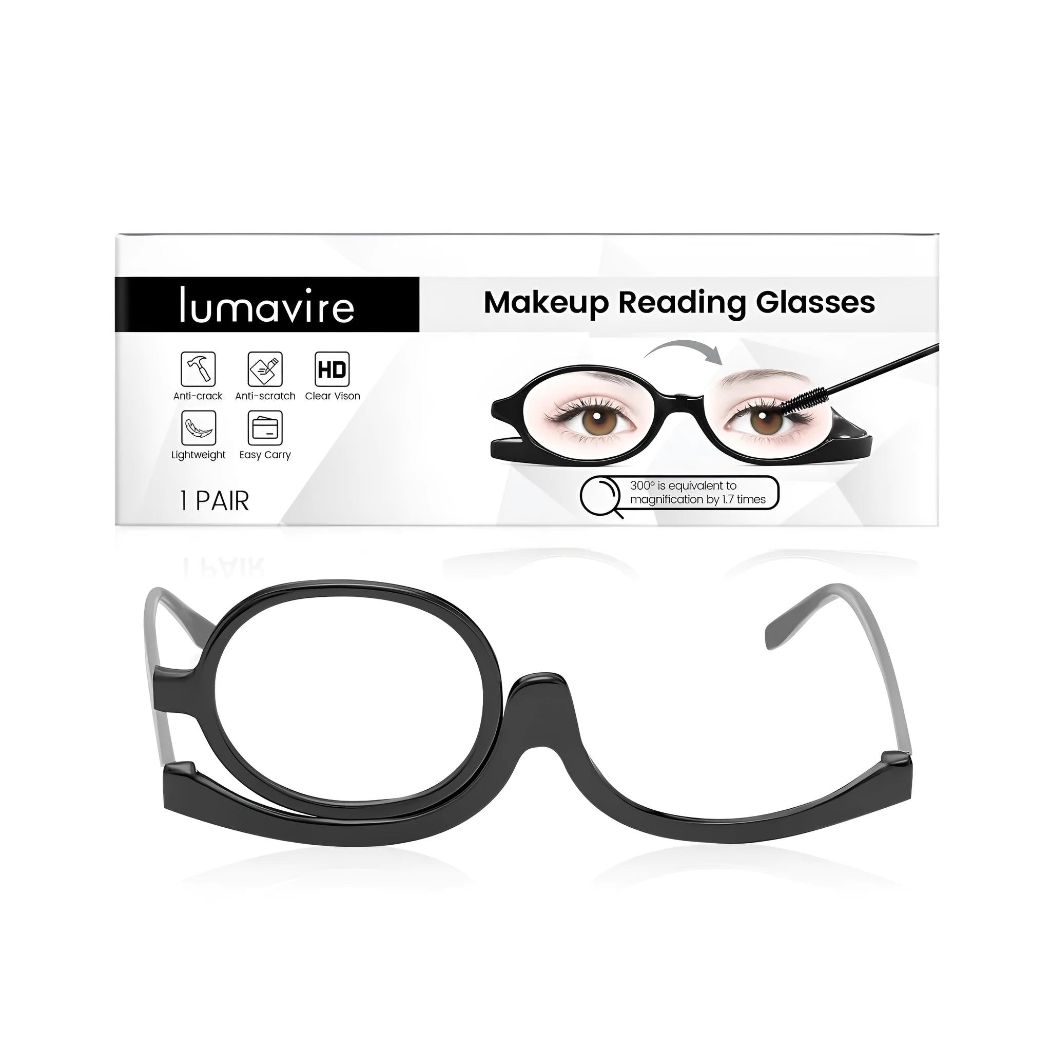 One pair of presbyopia glasses with PC frame and AC lenses for makeup or reading