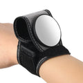 Black nylon wrist-mounted bicycle rear-view mirror with velcro strap and armoured glass reflective surface.