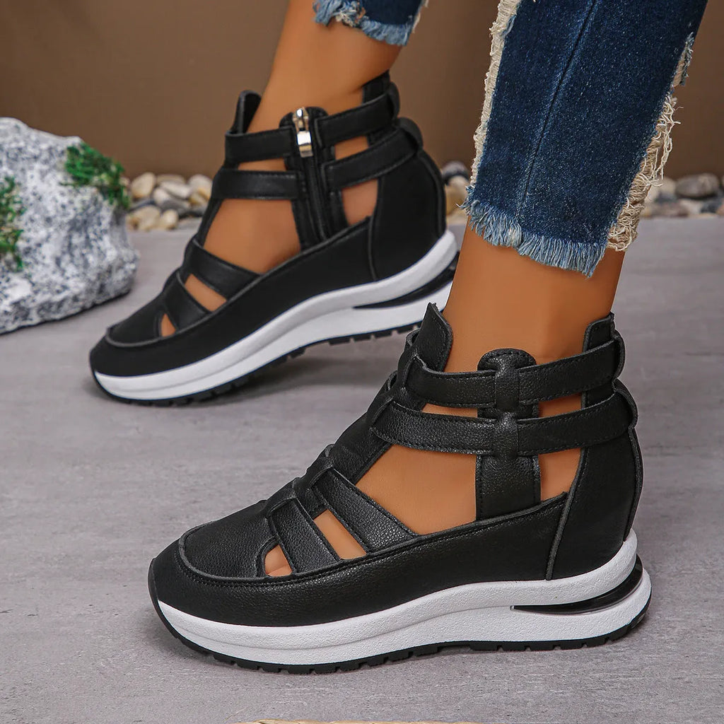Women's black close-toed hollow-out platform sandals with Velcro strap