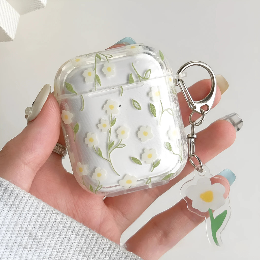 White floral pattern transparent TPU protective case for Apple AirPods showing soft shell design