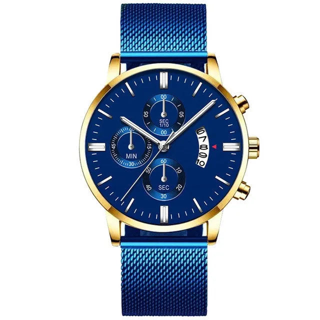 Men's stainless steel mesh band quartz watch showing analogue face and decorative subdial.