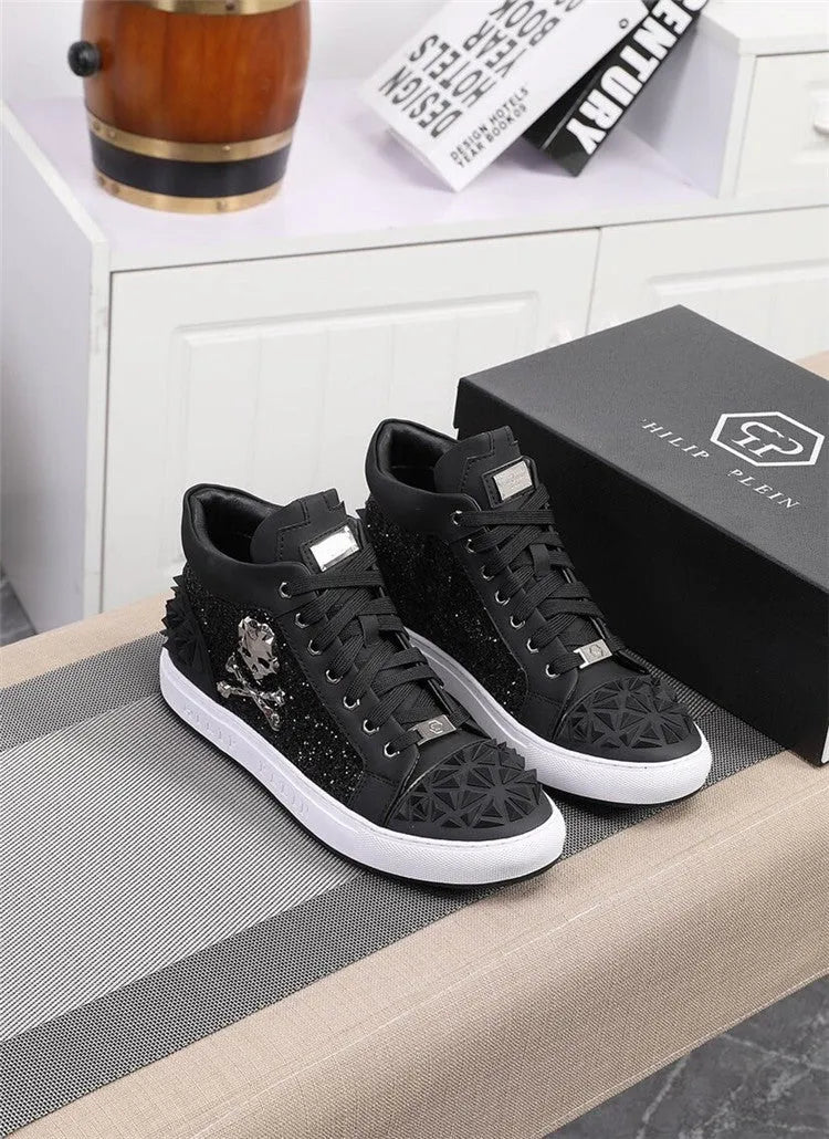 Genuine leather high top skeleton shoes for men with lace-up closure and round toe design