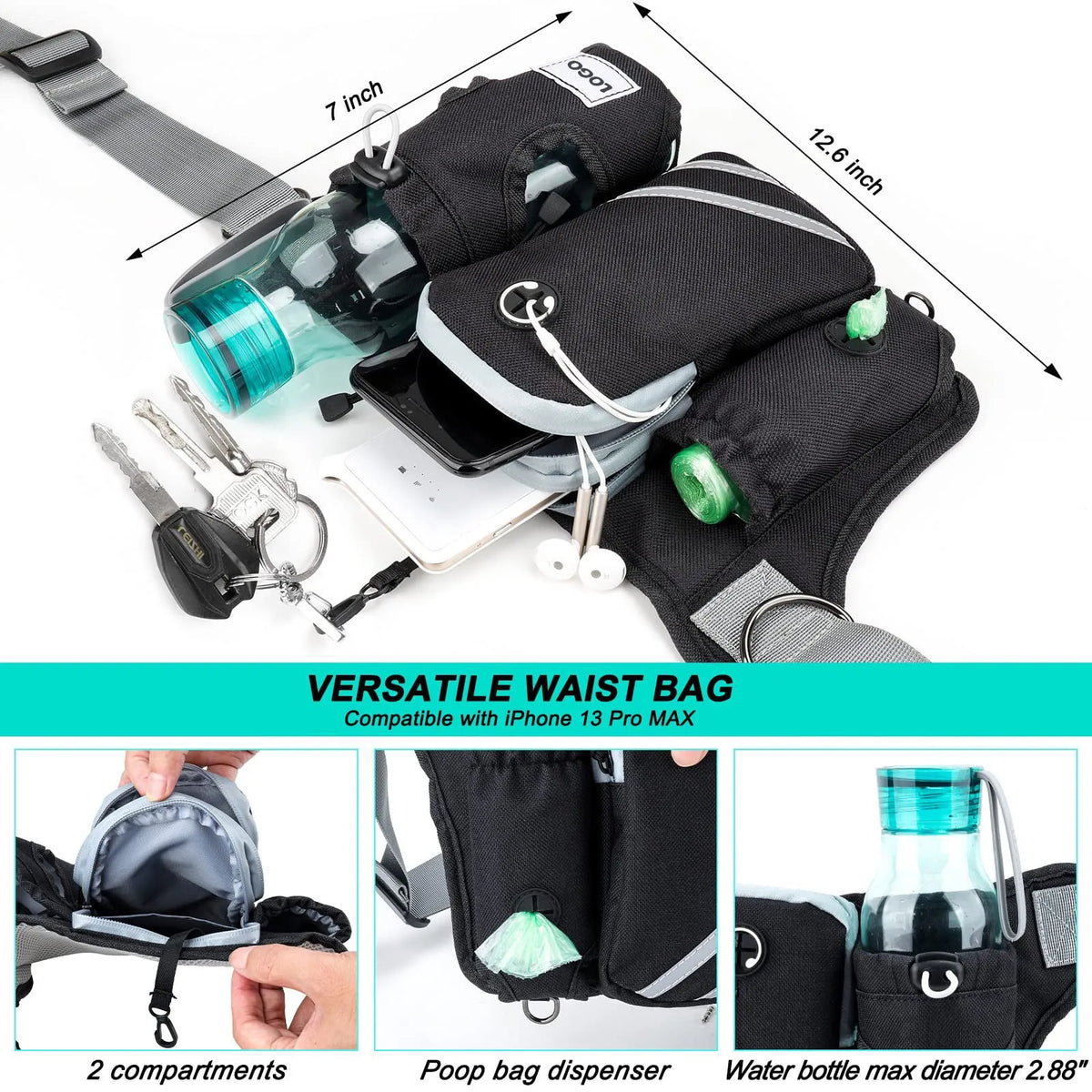 Black nylon dog walking waist bag and leash set for hands-free outdoor use