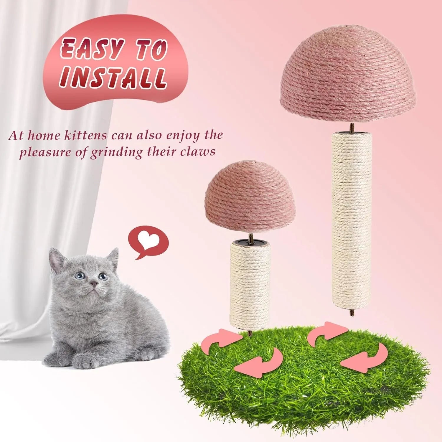 Pink mushroom-shaped cat scratching post with sisal fibre caps and pole for small cats.