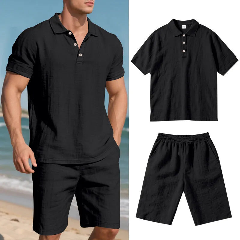 Men's loose linen-blend shorts set in light blue with short sleeve shirt and matching shorts