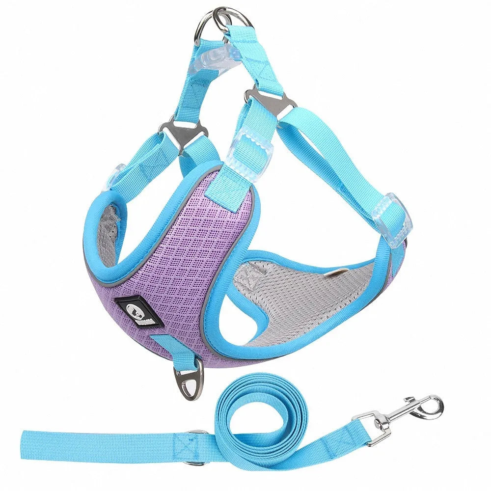 Adjustable mesh dog harness with reflective strips in black, red, grey, or light purple.