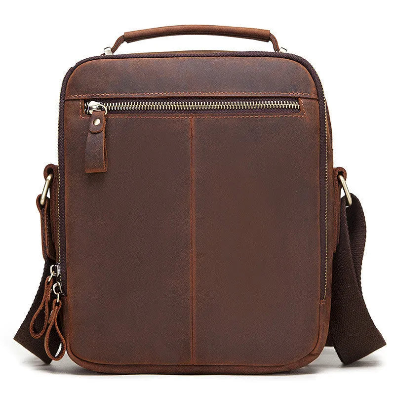 Men's brown Crazy Horse leather single-shoulder crossbody bag with visible sewing lines.