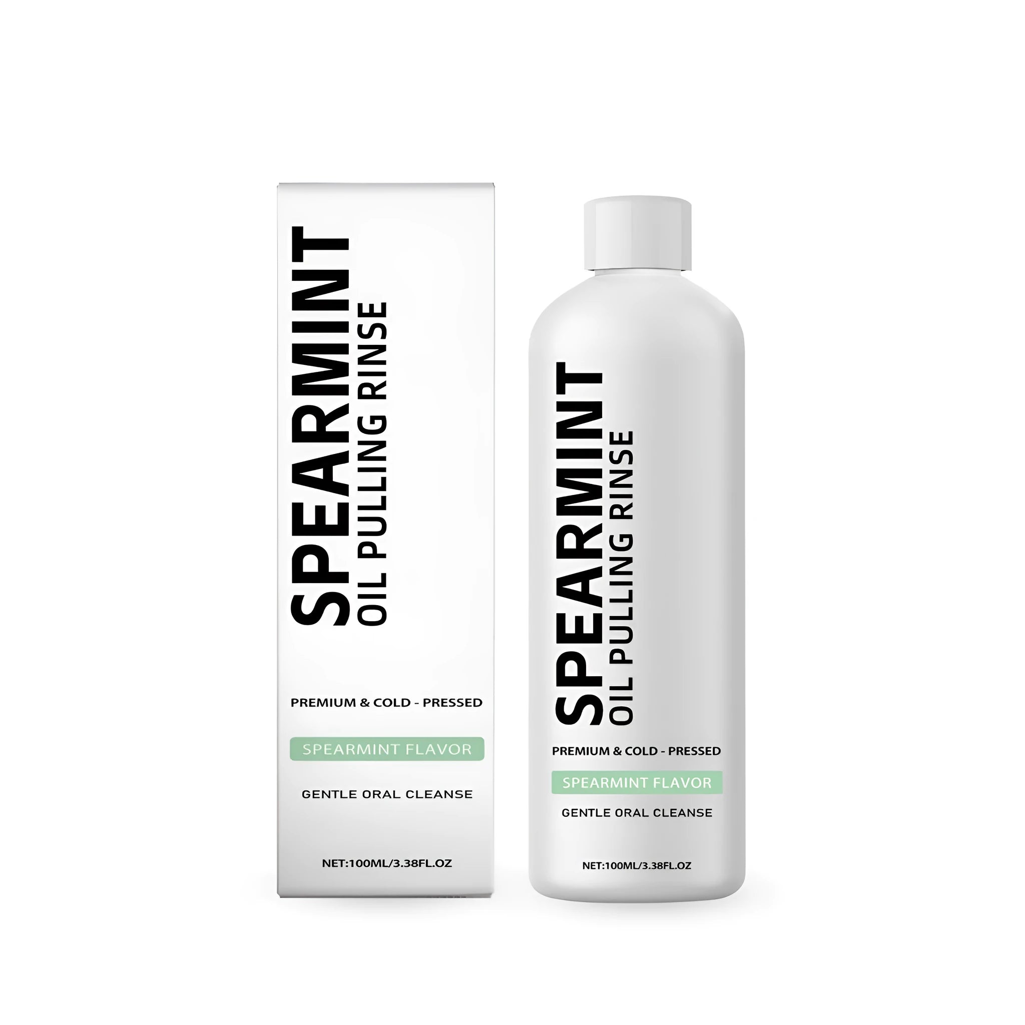 100ml bottle of spearmint oil pulling mouthwash rinse with peppermint and clove oil.