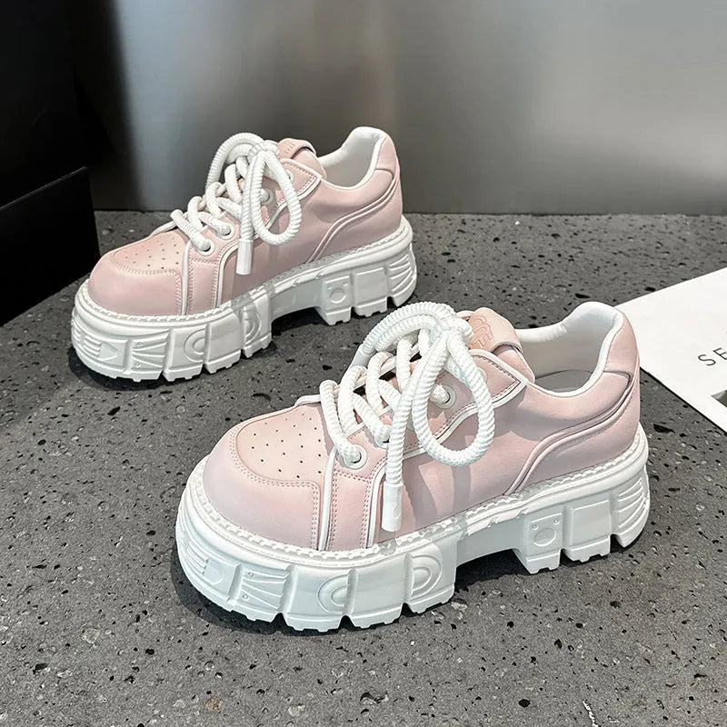 Women's beige and pink leather casual shoes with spring muffin bottom sole for height increase