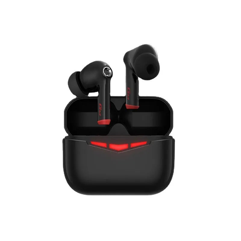 True wireless gaming Bluetooth headphones in black, pink, white, or grey with charging case and silicone eartips.