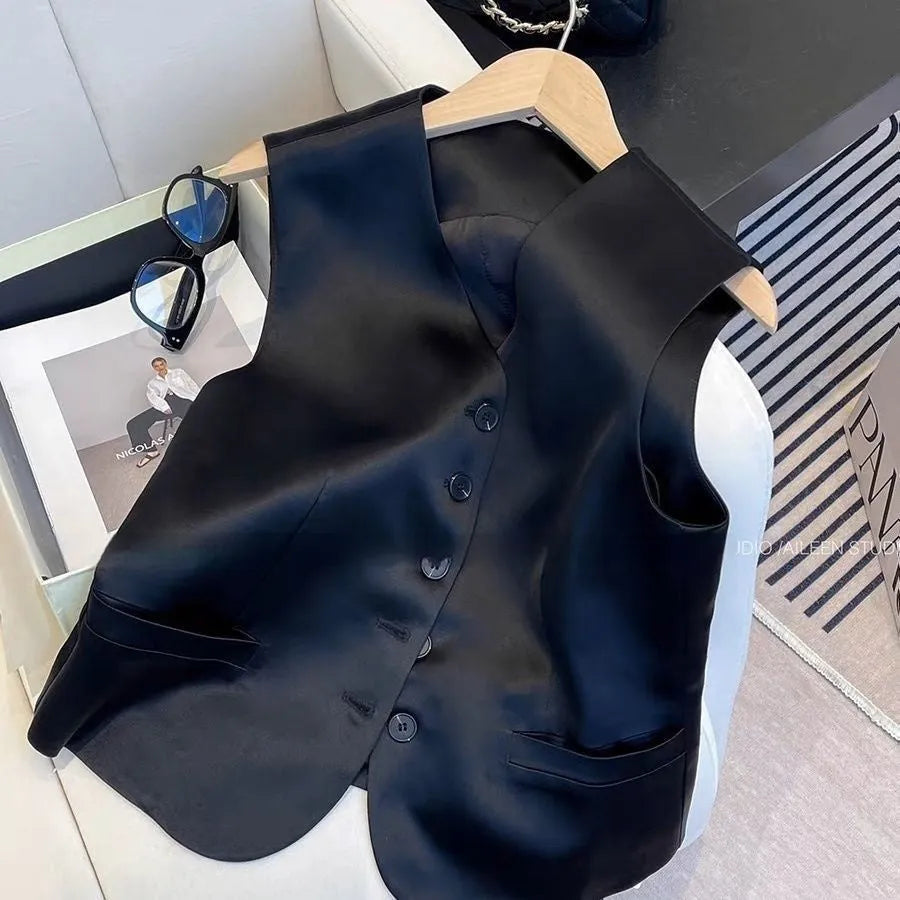 Black satin ladies sleeveless vest with loose fit and splicing details