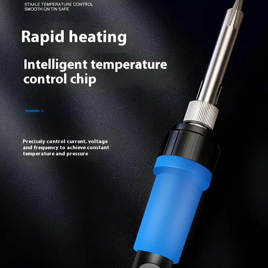 Grey 90W electric soldering iron with ceramic heating core, UK/US plug, sponge, holder, and five tips.