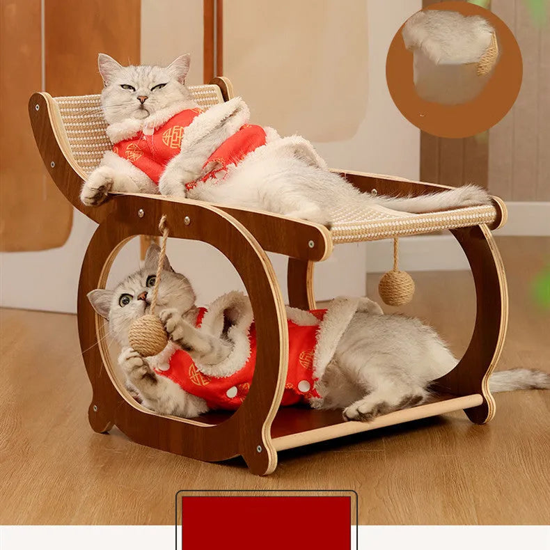 Solid wood sisal cat scratching mat in recliner style, walnut colour option