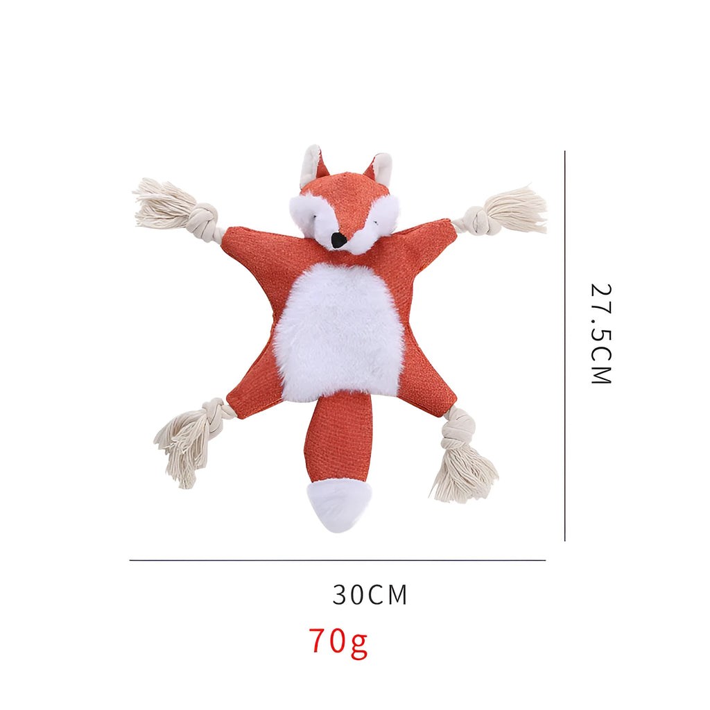 Brown plush fox dog toy with cotton rope limbs, embroidered eyes, and a squeaker in the head.