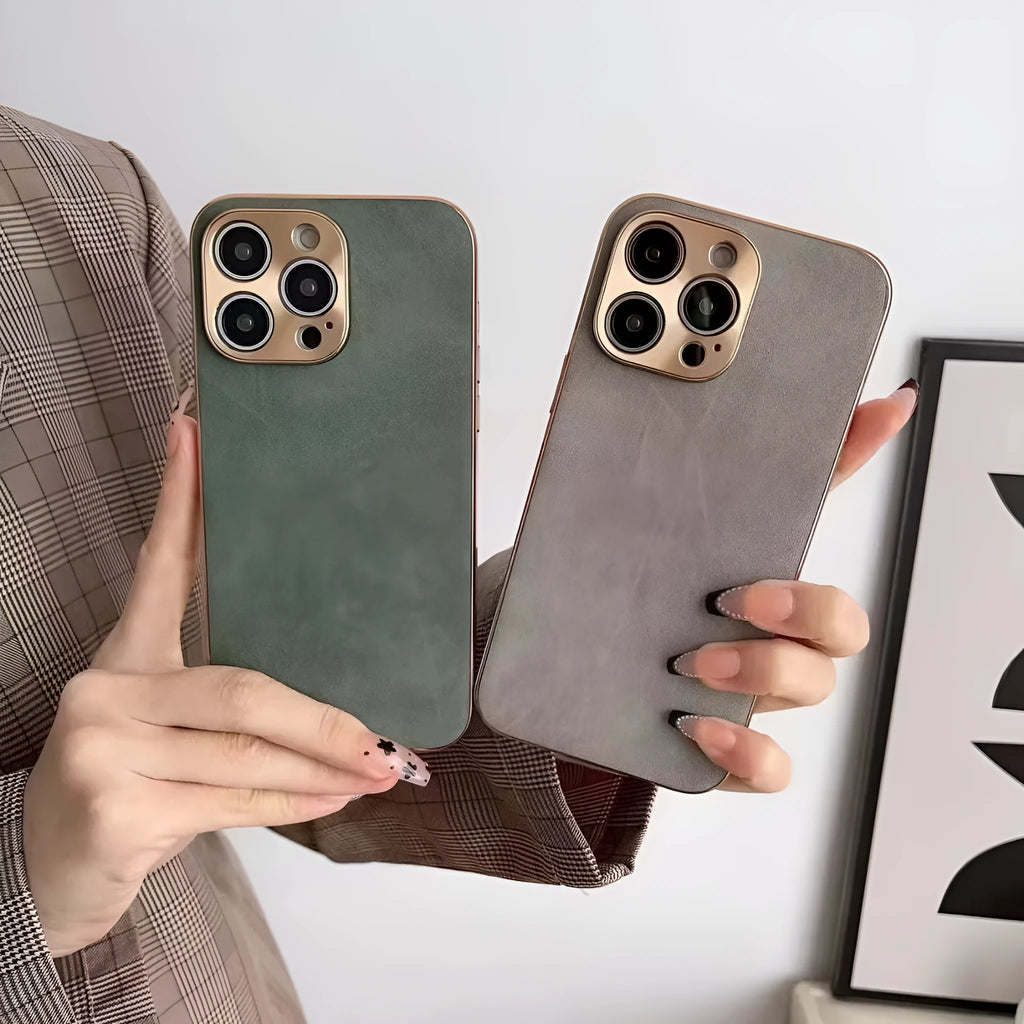 Leather texture iPhone case in grey, black, blue, and grey-green colours, shown on a compatible iPhone model.