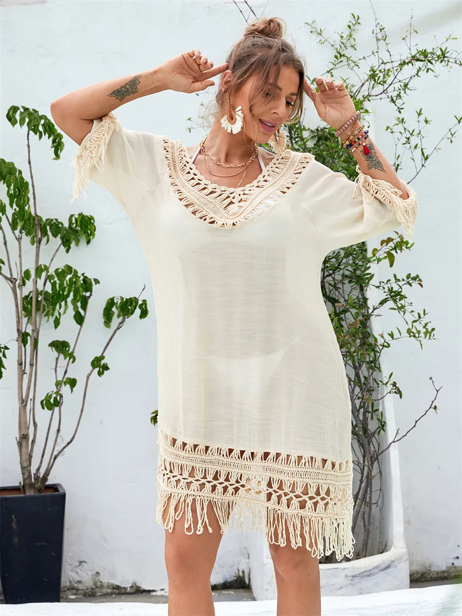 Apricot hand-crocheted women's beach dress for swimming and wading sports