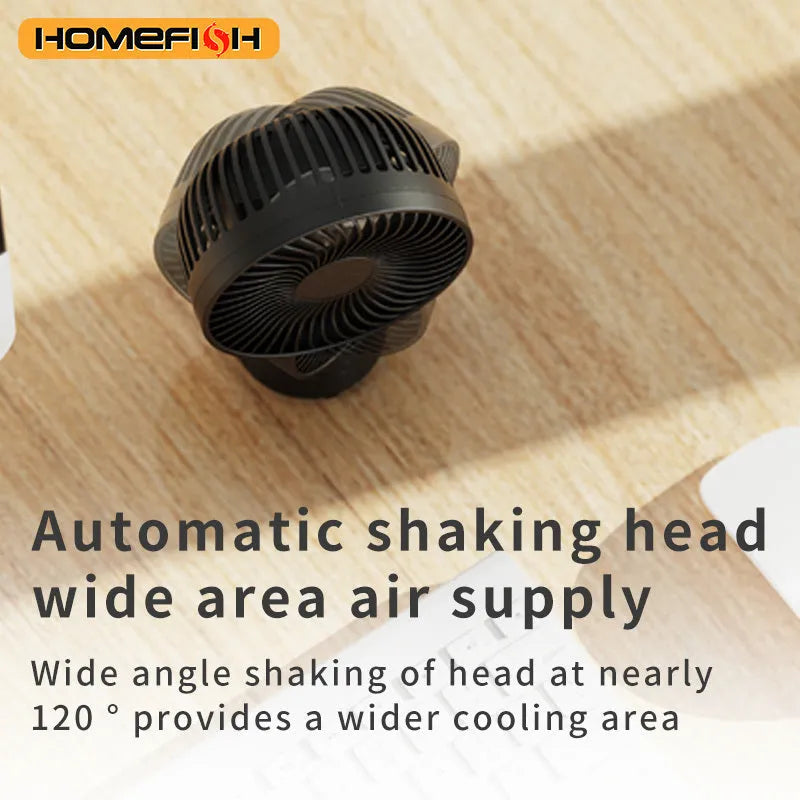 HOMEFISH F2 automatic shake head portable fan with removable bracket, LED light, and USB charging port