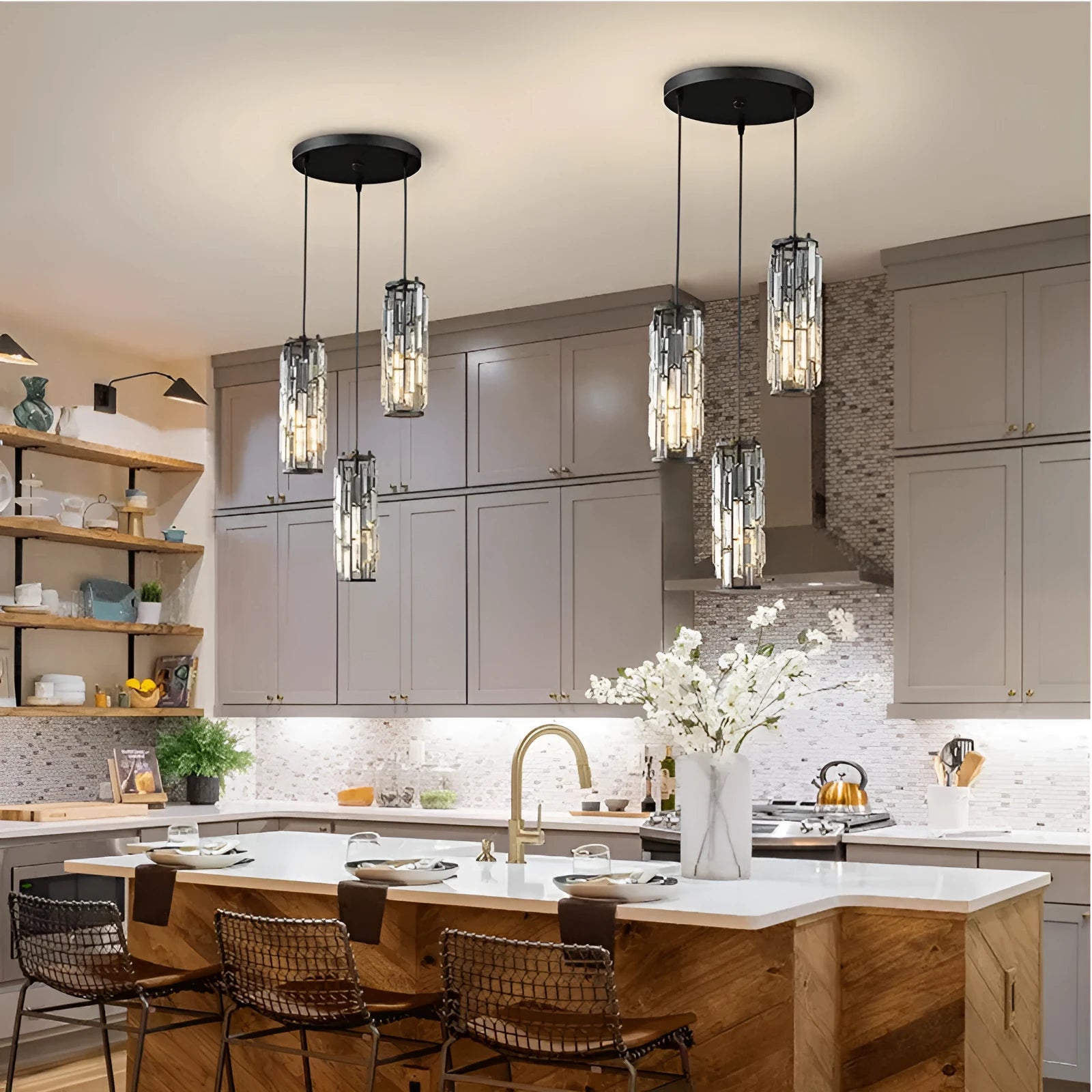 Industrial-style single head LED droplight in metallic finish with crystal design elements
