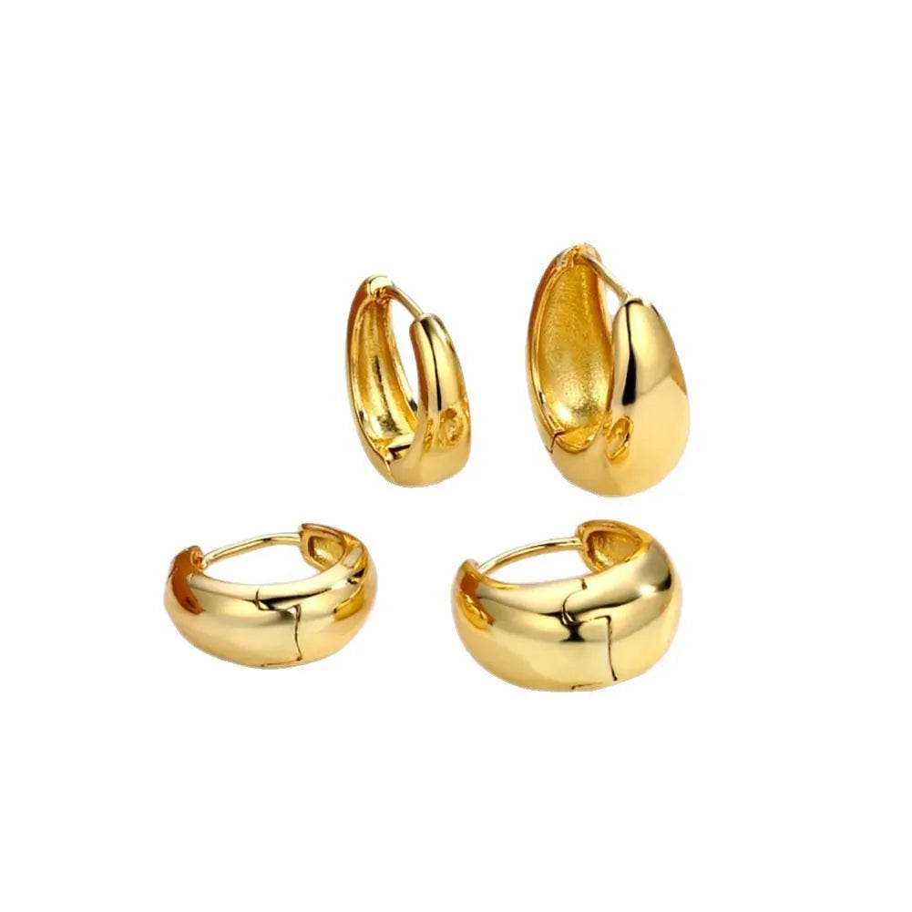 Gold electroplated copper geometric ring earrings for women, shown as a single pair or three-pair set.