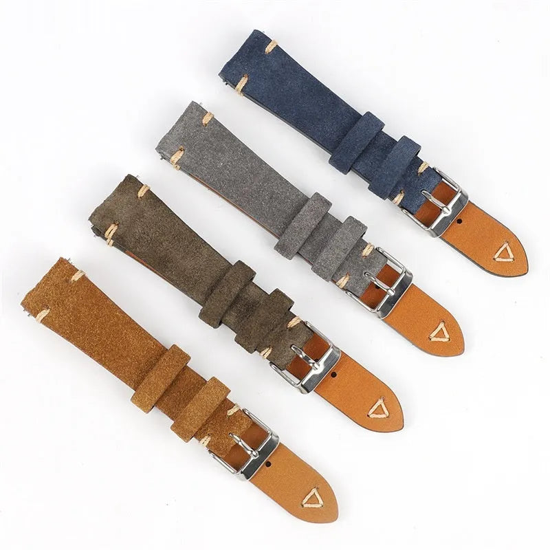 Genuine suede leather watch strap in brown showing texture and small waist design