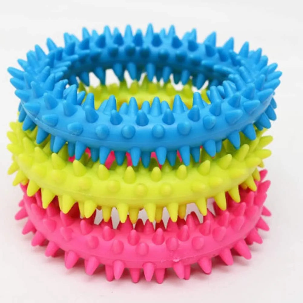 TPR spiky circle ring dog chew toy in blue, green, light blue, pink, rose red, or yellow, 9.5 cm diameter