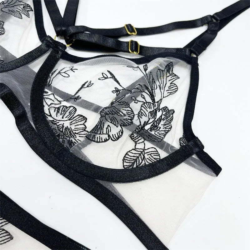 Black lace mesh three-piece set with floral print including top, pants, and waist ring