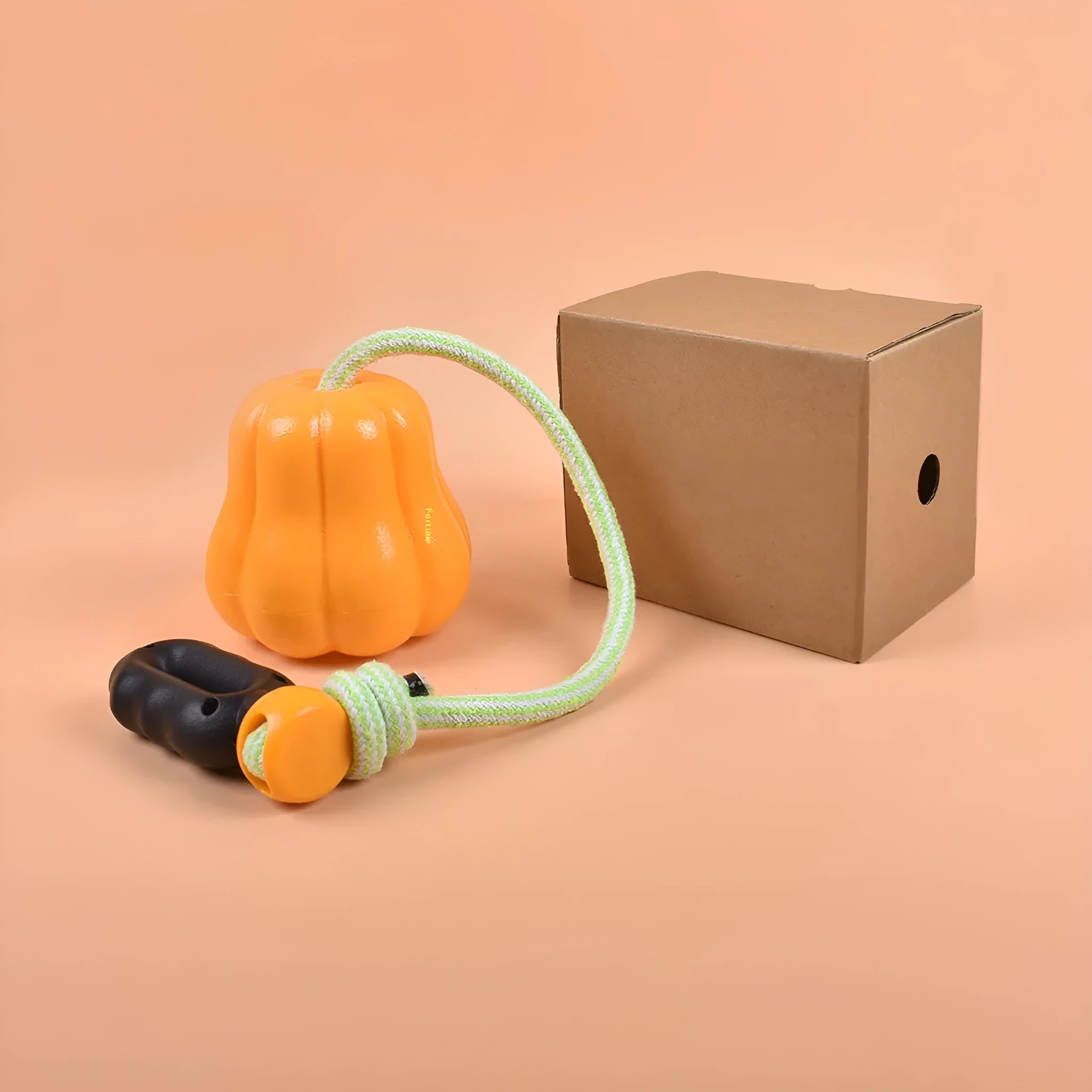 Orange pumpkin-shaped plastic dog toy with rope attachment for outdoor fetch games