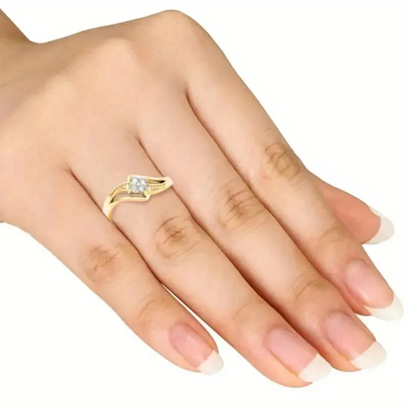 Women's geometric diamond ring with micro inlaid zircon detailing in yellow gold colour