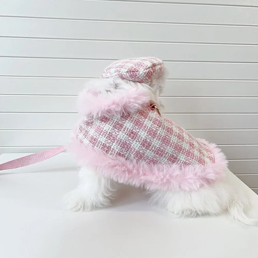 Pink polyester cat clothing set with cloak, beret and drawstring on small cat