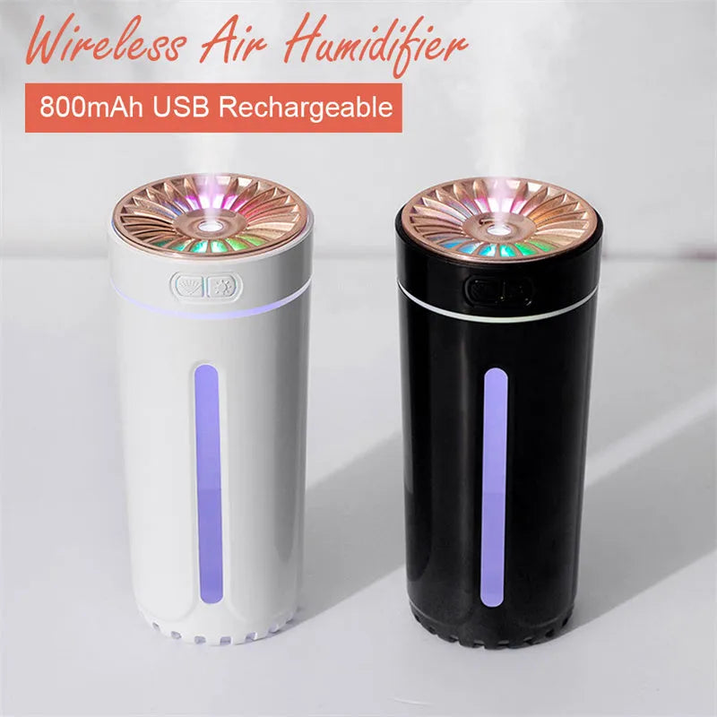 Black portable humidifier with LED lights showing dimensions and USB charging port