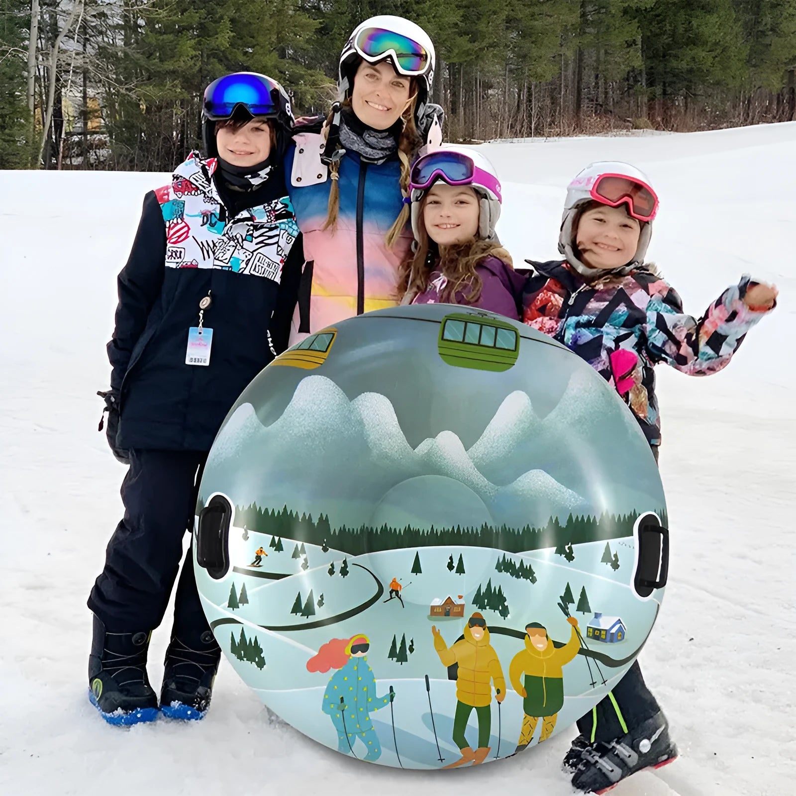 Outdoor PVC ski ring toy with printed winter design in red, blue, or mountain graphic.