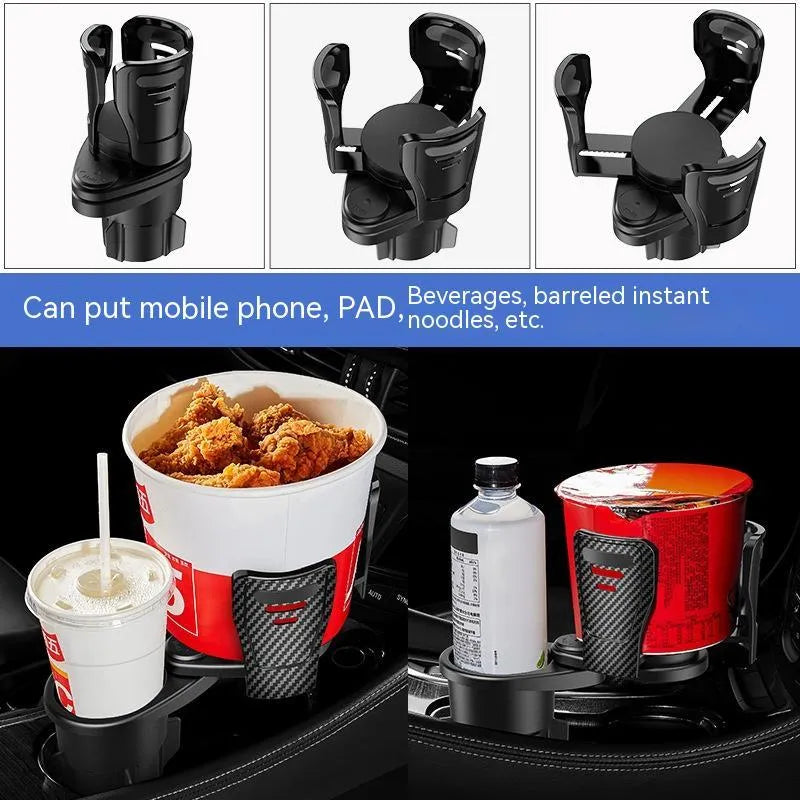 Second generation car cup holder upgrade in carbon fibre and matte black ABS plastic